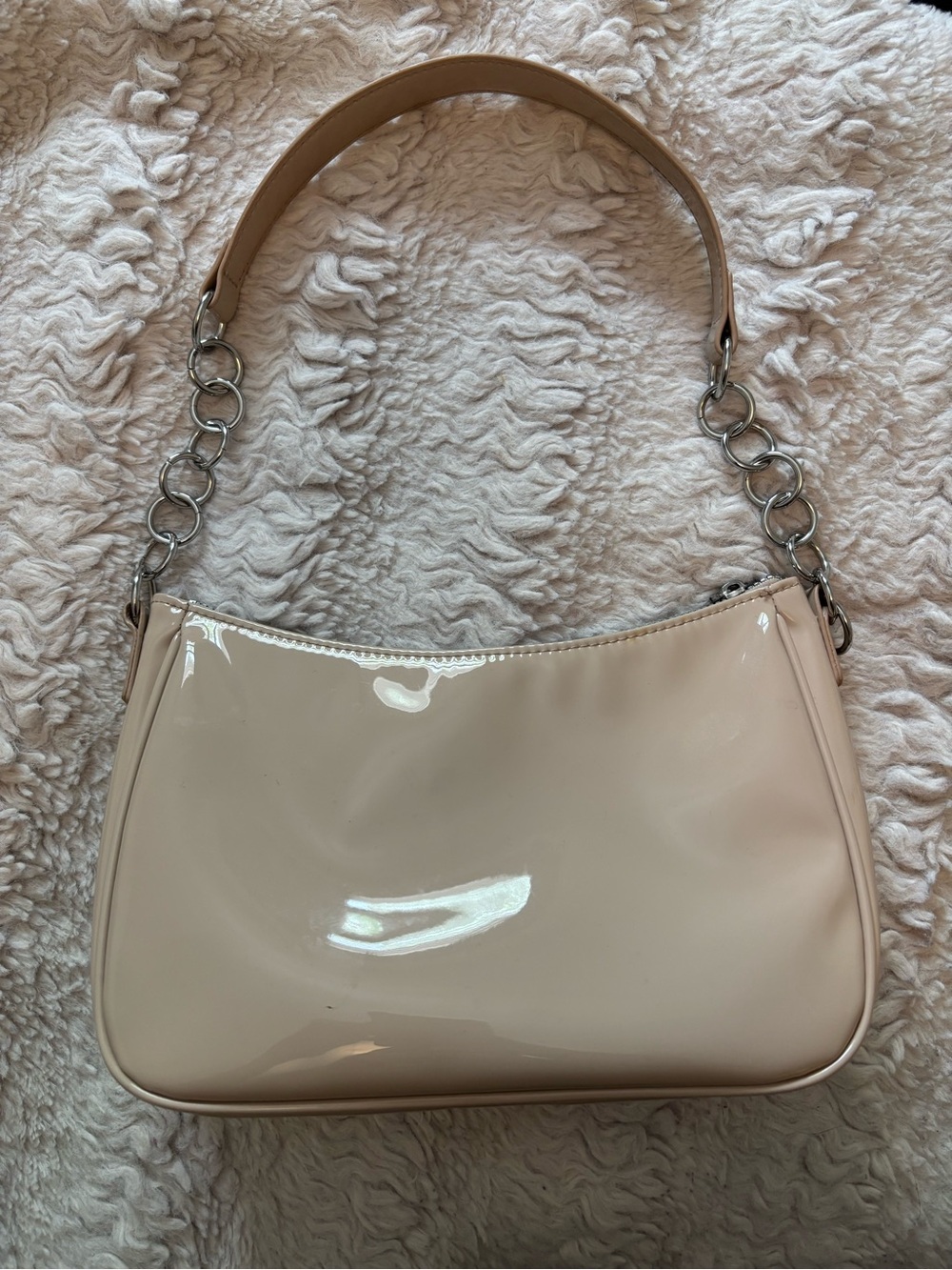 H&M Patent Shoulder Bag in Pale Beige with Chain Detail